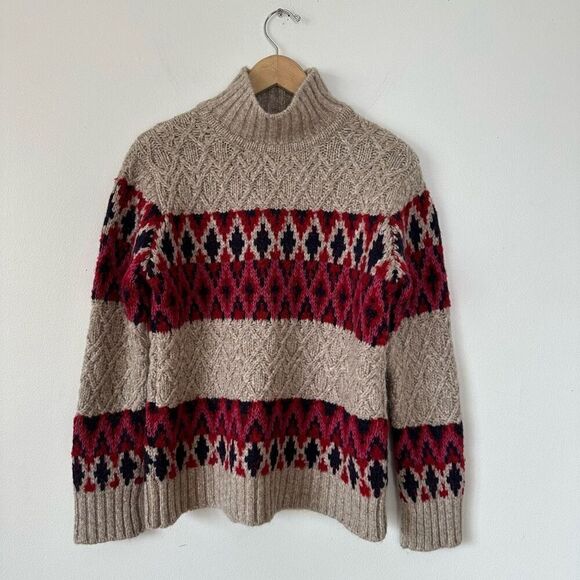 Faherty Women’s Frosted Fairisle Turtleneck Wool Alpace Blend Sweater Tan Purple - Picture 2 of 10